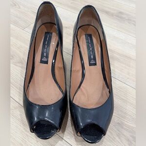 STEVEN by Steve Madden Black Patent Peep-Toe Heels